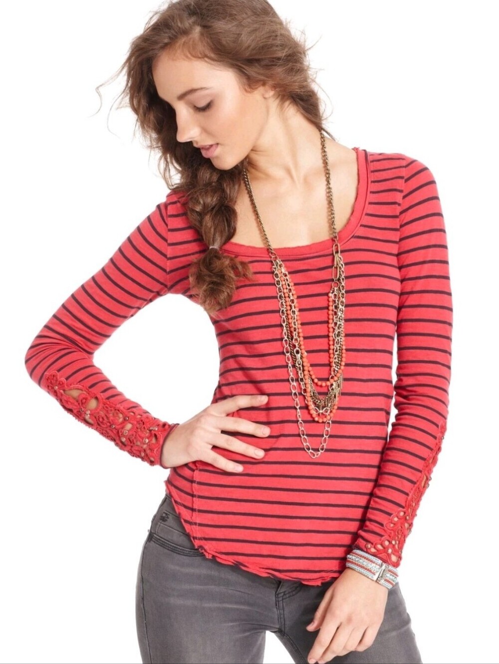 Free People Raw Hem Hard Candy Red Combo Long Sleeve Top - Size M